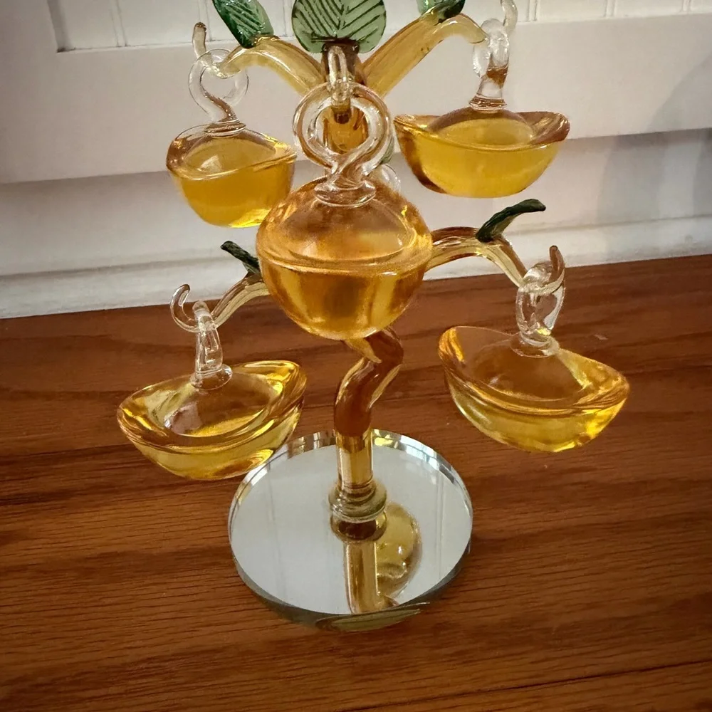 Elegant Glass Tree with Amber Ornaments Chinese ingot boat shaped design decor